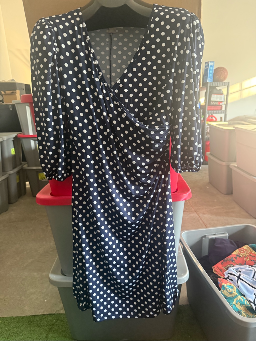 Navy Polka Dot Wrap-Style Dress - White Dot Print P43
